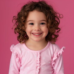 Smiling little girl with curly hair wearing pink pajamas in front of a vibrant pink background