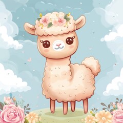 Cute llama with floral crown in a whimsical landscape adorned with pastel-colored clouds and flowers