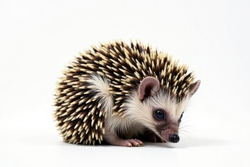 Fototapeta premium Tiny hedgehog, curled in defensive ball, white background, defense, day, night