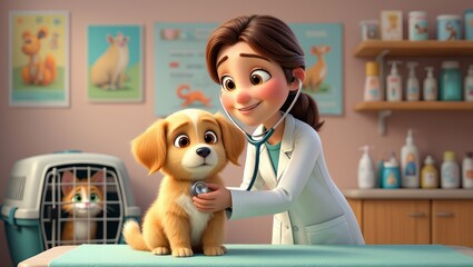 A cartoon female veterinarian examining golden puppy in cozy animal clinic ai generated