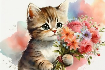 花束を持った子猫のギフトカード用素材　水彩風