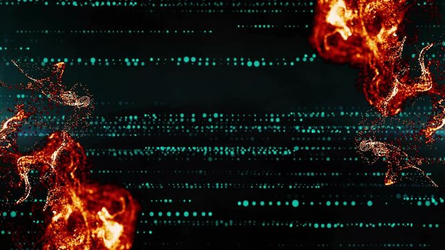 Turquoise-green dots streaming over dark field, with red and orange particles swirling in 3D render