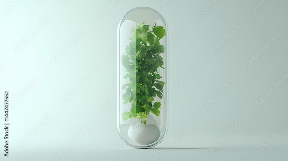 Aufkleber 透明なカプセルに閉じ込められた鮮やかな緑の植物 抽象的な白い背景に分離された新鮮な生命体