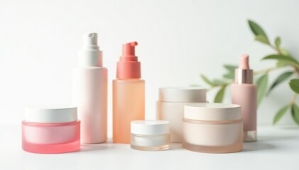 Variety of cosmetic containers on pure white backdrop, design, shades, arrangement
