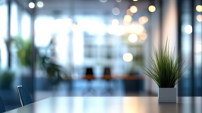 Modern office interior design with a small potted plant on table desk calm blur room clean green