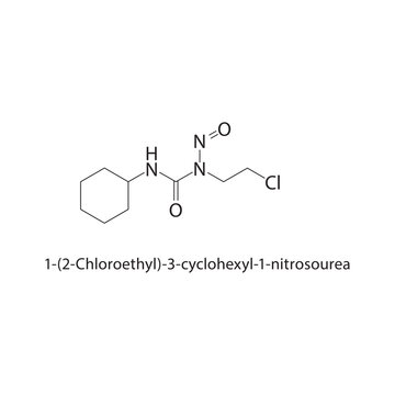 1-(2-Chloroethyl)-3-cyclohexyl-1-nitrosourea skeletal structure. Chlorinated Nitrosourea compound schematic illustration. Simple diagram, chemical formula.