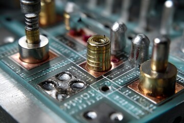 Close-up of a complex circuit board with soldered electronic components, revealing copper traces and solder points in detail.