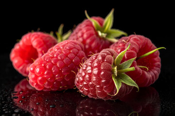 Fresh Raspberries with Green Caps on Glossy Black Surface
