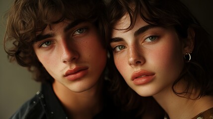 Young attractive couple portrait close up romantic beauty fashion style skin face eyes hair lips gold