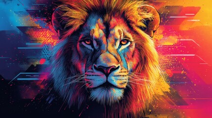 Majestic multicolored lion head with vibrant details, including splashes of neon color, expressive eyes and fluffy mane on a transparent background, PNG image, PNG file.