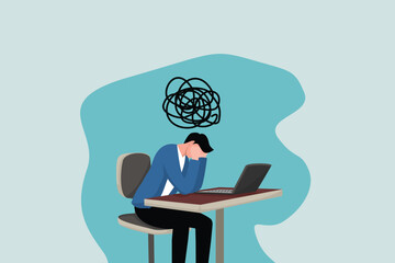 Regret on business mistake, frustration or depressed, stupidity or foolish losing all money, stressed and anxiety on failure concept, frustrated businessman holding his head sitting alone on the chair