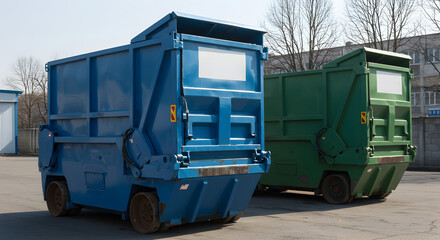 Two Large Industrial Metal Waste Containers in Blue and Green Color Under Bright Sunlight