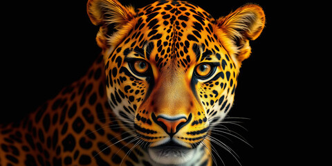 Obraz premium a leopard against a black background. The leopard's face is centered, showcasing its striking features with sharp clarity