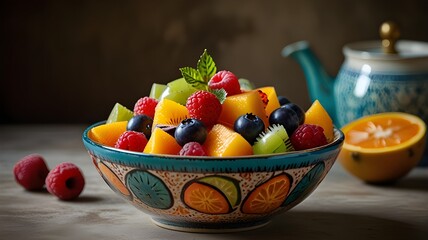 A vibrant fruit salad arranged in a retro ceramic bowl, showcasing the natural colors and textures