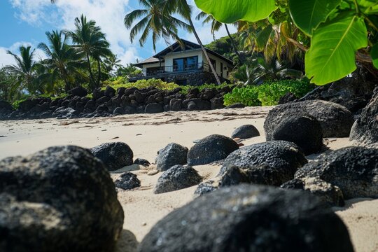Tropical beachfront house nestled amongst lush foliage and volcanic rocks