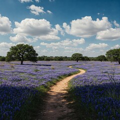 Fototapeta premium Scenic view of a dirt path winding through a field of vibrant purple wildflowers under a partly cloudy, blue sky.
