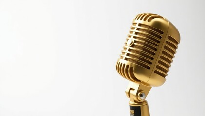 Fototapeta premium Close-up shot of a gold microphone isolated on white , symbol, texture