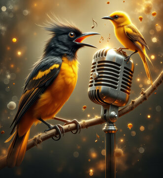 Two birds singing into an old style  Microphone Generated image