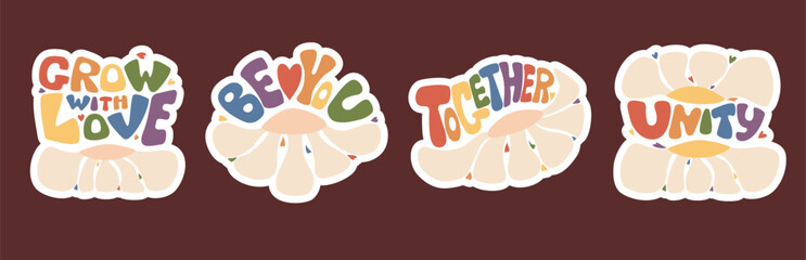 Retro Groovy LGBT Lettering in Rainbow colors Flag Set. Isolated Vector stickers Calligraphy quote with Daisy Flower Power. LGBTQ community. Gender equality and diversity relationships. Pride month