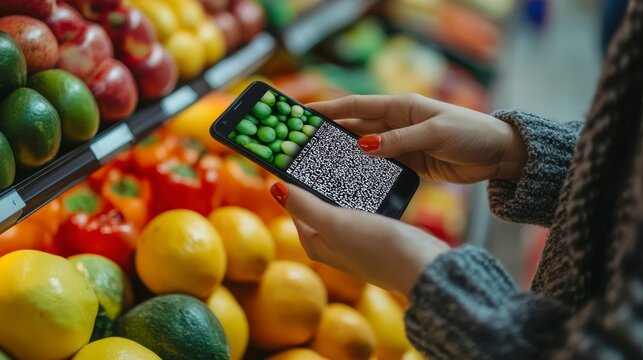 Woman using smartphone app to check nutritional information of produce in grocery store.