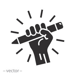 creative education revolution, pencil in closed hand icon, lightning fist, logo, flat vector illustration