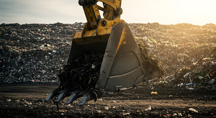 Yellow Excavator Bucket Scooping Trash in Large Landfill Under Bright Sky