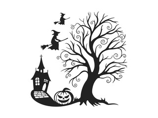 Ultimate Halloween Vector: Haunted House, Flying Witch, Bats & Spooky Pumpkin Silhouette Design.
