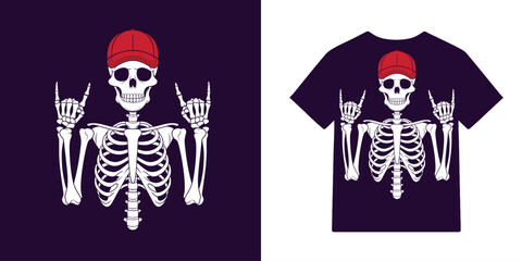 Cool Skeleton Wearing a Red Baseball Cap and Making Rock On Hand Gesture T-Shirt Design Mockup, Vector Illustration, Graphic for Apparel, Halloween, Music, and Pop Culture