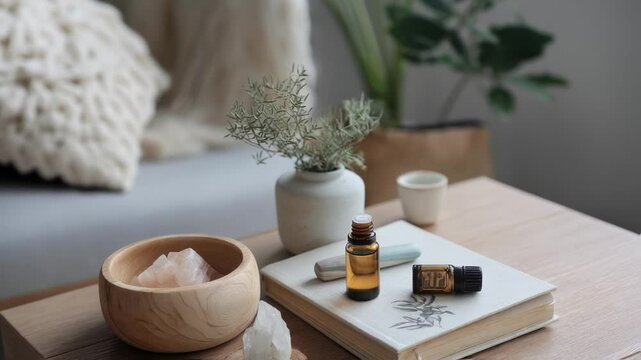 An artistic arrangement of wellness tools including a crystal essential oils and a meditation guidebook p on a wooden table suggesting a holistic approach to selfcare.