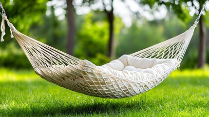 Obraz premium Relaxing Off White Hammock in a Lush Green Park Setting