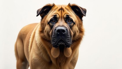 Imposing mastiff, serene expression, pure white backdrop, pet photography, headshot, background