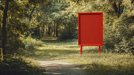 Blank red signboard on a park trail.