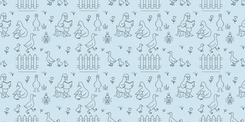 Seamless pattern with ducks, ducklings, fence, flowers and lanterns in line art style on light blue background