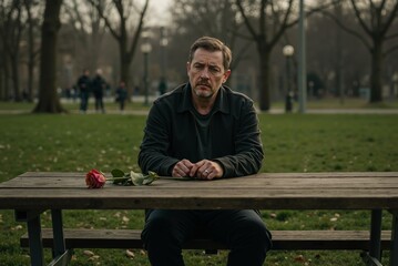 Fototapeta premium Thoughtful caucasian father sitting alone at park bench with single rose, wearing wedding ring. Pensive man in dark jacket reflecting during Father's Day celebration. Fatherhood, loss and remembrance