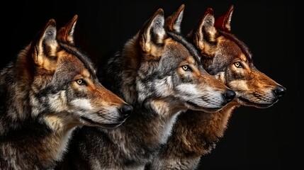 Fototapeta premium Stunning portrait of an adult wolf against a dark background capturing its natural majesty