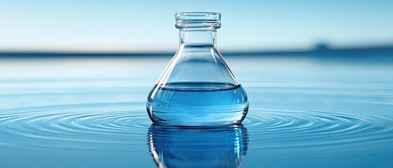 Erlenmeyer flask filled with blue liquid on a surface of rippling clear water, against blue backdrop