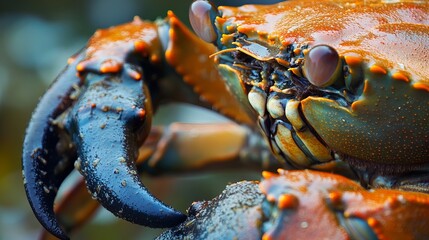 Closeup detailed image of a vivid orange and blue crab sea red wet life dark ocean macro shell claws