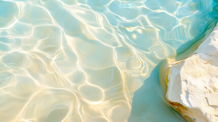 Crystal clear water shimmering under sunlight, creating beautiful reflections and textures on the sandy bottom.