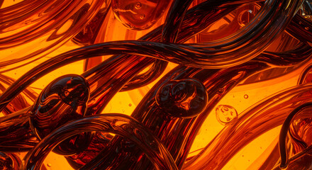 Complex Orange and Black Abstract 3D Render with Intricate Geometric Shapes and Flowing Lines