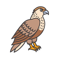Illustration of a brown falcon bird of prey with yellow feet and blue beak standing still