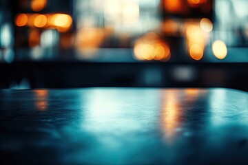 Blurry indoor bar scene, dark polished table