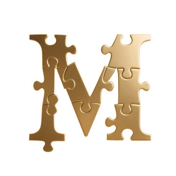 letter m formed from several interlocking golden puzzle pieces 