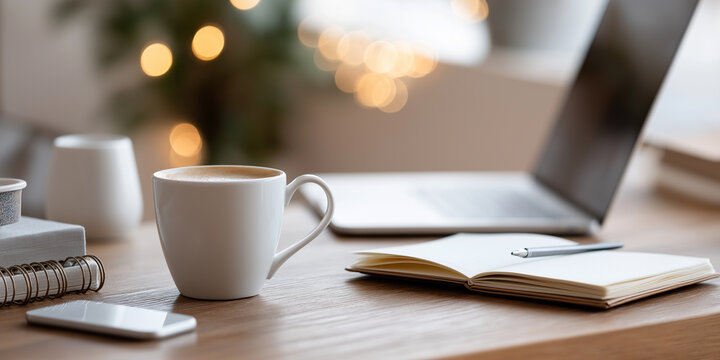 A laptop and a cup of coffee sit on a wooden desk