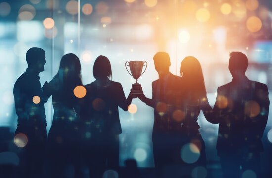 A trophy stands tall among cheering silhouettes as vibrant lights and confetti fill the high rise place with corporate pride.