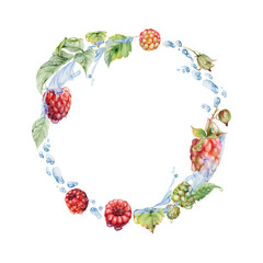 Raspberry berries wreath flying in water splash with leaves, dew drops, ripe garden dewberry cloudberry mulberry loganberry hand drawn in watercolor. Isolated circle frame. Fresh grocery store, drinks