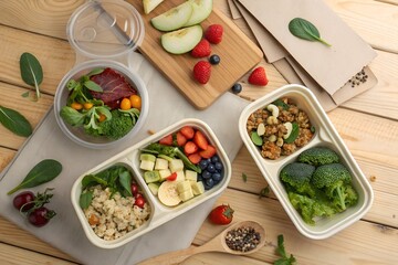 Flat Lay of Farm to Table Meals in Eco Friendly Packaging on Natural Wood Surface