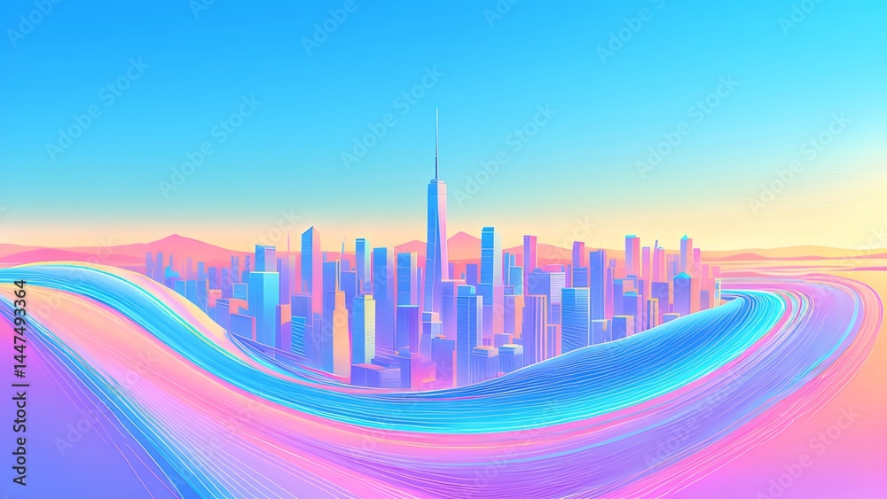 Aufkleber サイバーパンク都市風景 鮮やかな青と紫のグラデーション カラフルな未来都市のイラスト