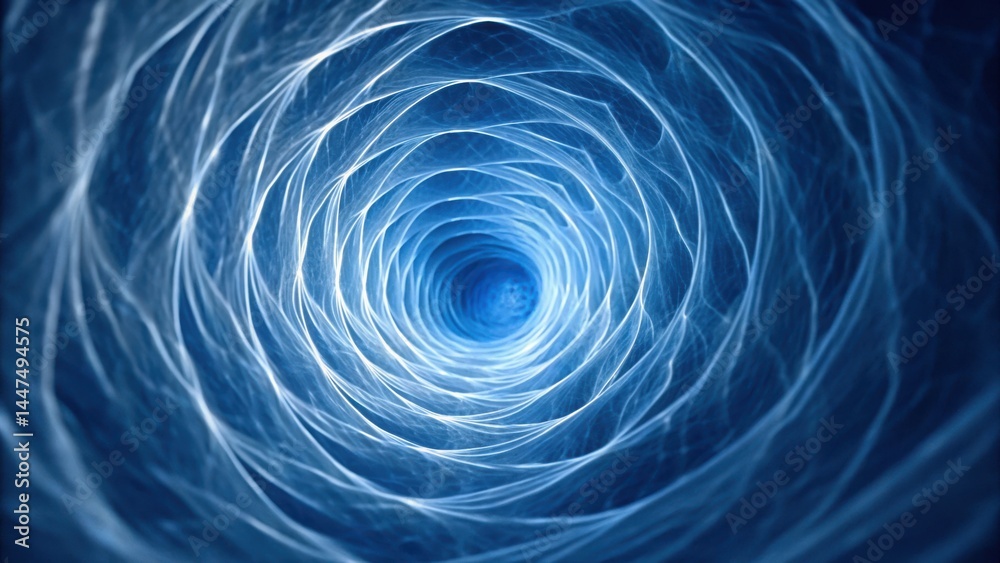 Poster captivating circular patterns of light create a mesmerizing tunnel effect in deep blue tones.