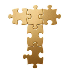 Fototapeta premium letter t formed from several interlocking golden puzzle pieces 