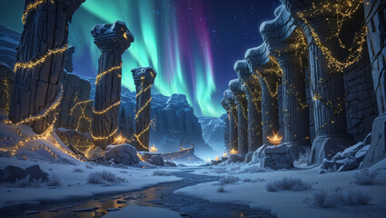 Aurora borealis over snowy ruins decorated with christmas lights landscape scene